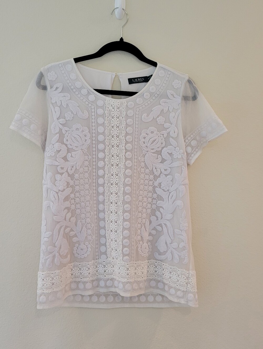 Lauren Ralph Lauren White Embroidered Floral Short-Sleeve Lined Top Ladies Med